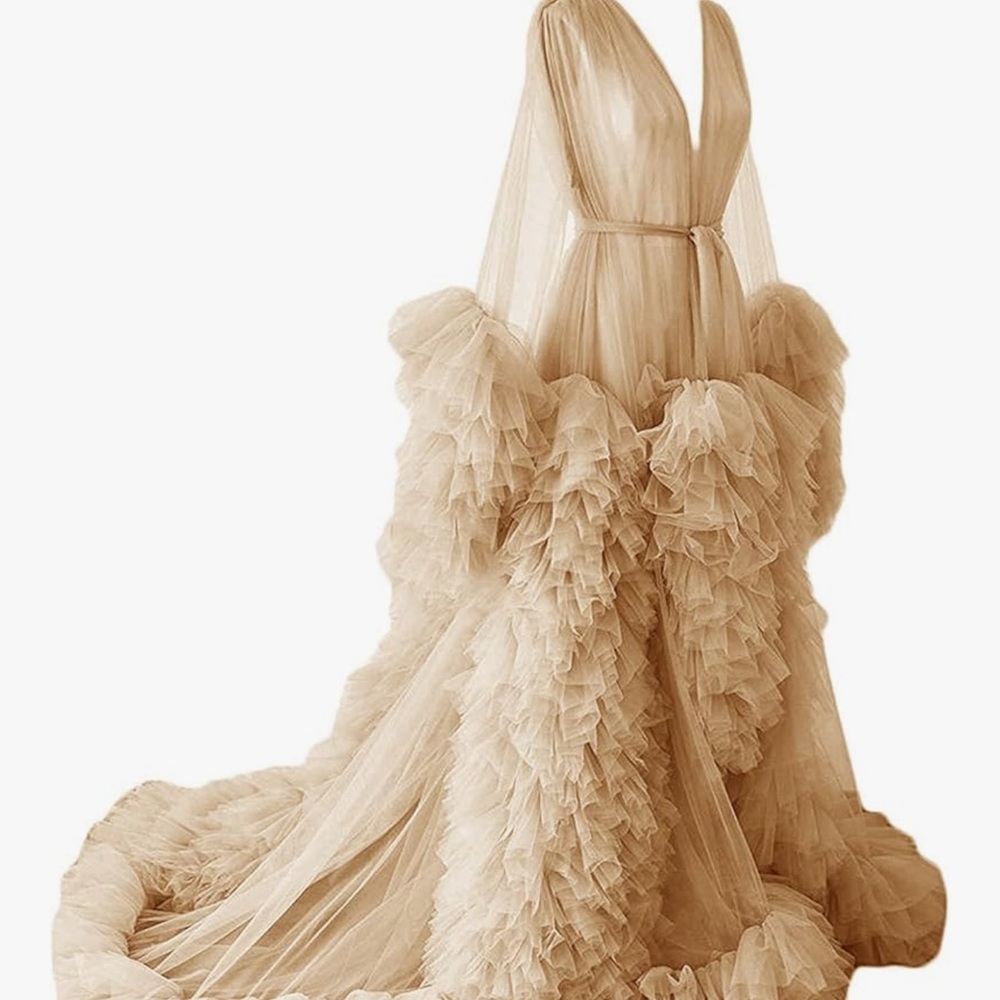 Elegant Tan Ruffled Tulle sheer Gown or Robe